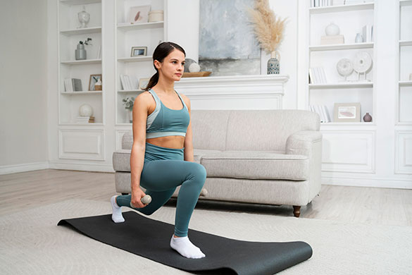 Woman doing lunges with weights on yoga mat in living room
