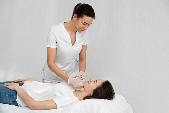 Woman laying down and receiving facial filler